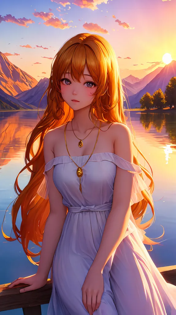 A imagem é de uma bela garota de anime com cabelos longos e ondulados de cor laranja e olhos roxos. Ela está usando um vestido branco com um decote ombro a ombro e um colar dourado. Ela está em um cais, apoiada no parapeito, olhando para um lago. O sol está se pondo ao fundo, lançando um brilho quente sobre a cena. O céu é um gradiente de roxo, rosa e amarelo. A água do lago está calma e tranquila. Há montanhas ao fundo. A atmosfera geral da imagem é pacífica e serena.