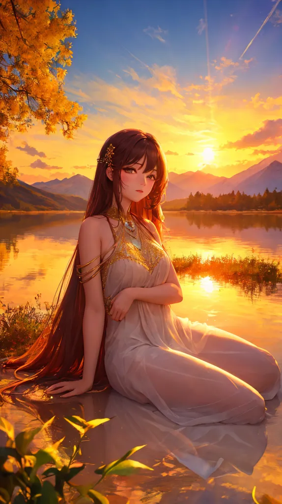 The picture shows a beautiful anime girl with long brown hair sitting on the shore of a lake. She is wearing a white dress and is looking at the sunset. The sky is orange and the sun is setting behind the mountains. The girl is sitting on a rock and her feet are in the water. There are some plants and trees on the shore of the lake.