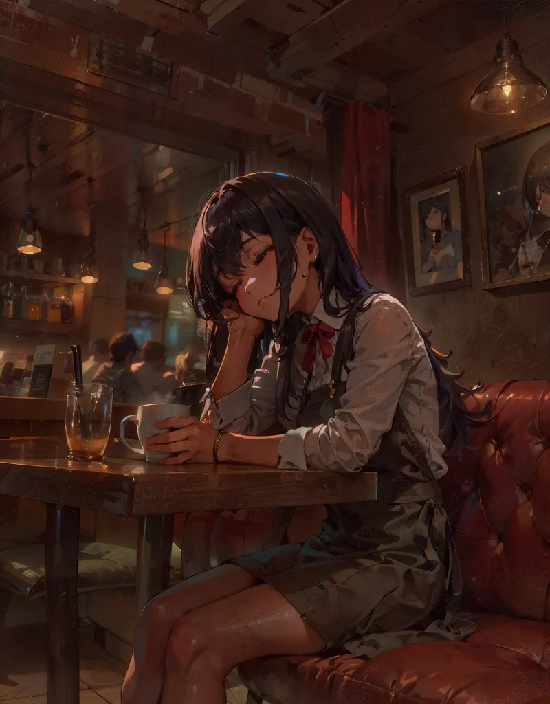 The image shows a girl sitting in a bar with a cup in her hand. She is wearing a white shirt, a gray skirt, and a red bow tie. She has long black hair and brown eyes. She is sitting in a booth with a high back and red leather. There is a table in front of her with a glass of water on it. There are two pictures on the wall behind her. There are other people in the bar, but they are not in focus. The girl is looking down at her cup. She has a tired expression on her face.