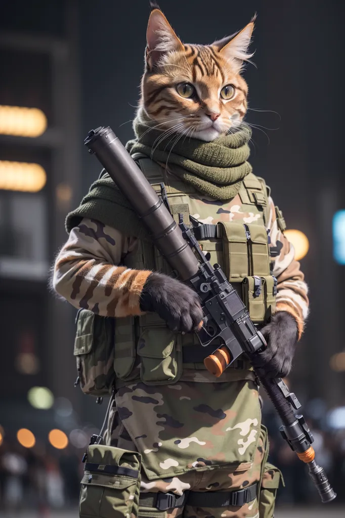 L'image montre un chat portant un uniforme militaire et une écharpe. Le chat se tient dans une rue de la ville, tenant un fusil. Le visage du chat est sérieux et déterminé. L'image est une peinture photoréaliste.