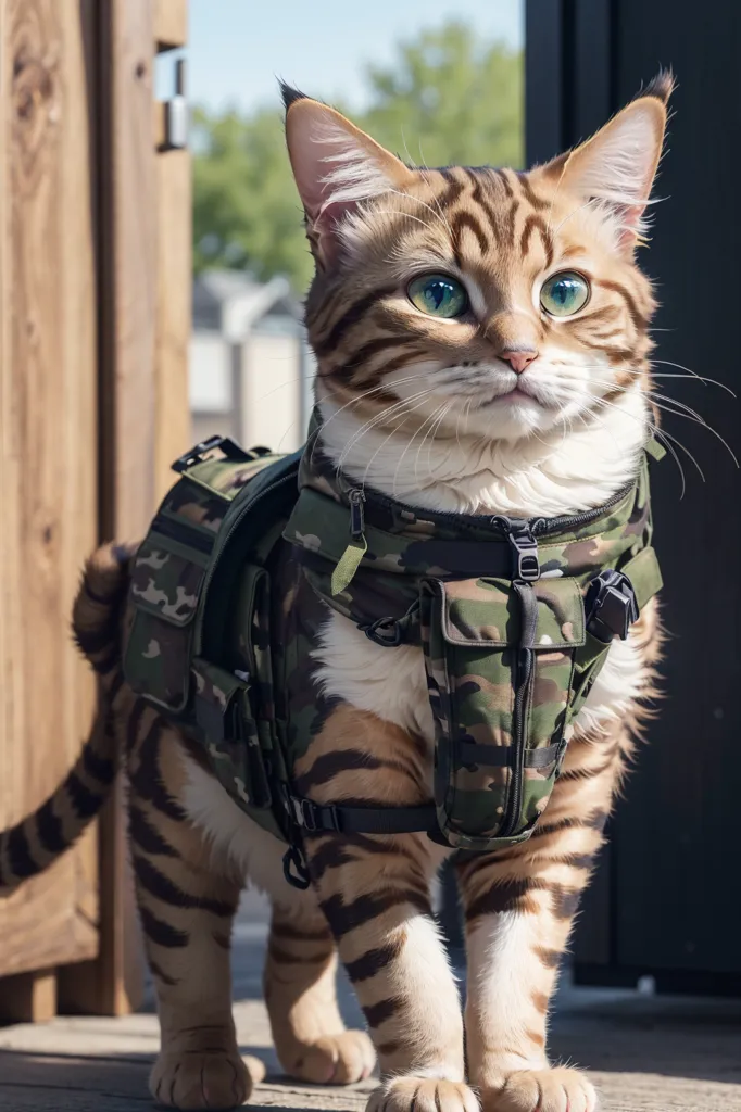 この画像には、軍服風のベストを着た猫が写っています。ベストは緑と茶色で、いくつかのポケットとストラップがあります。猫は木製の床の上に立っており、木製のドアの前に立っています。猫は緑の目で、カメラを見上げています。