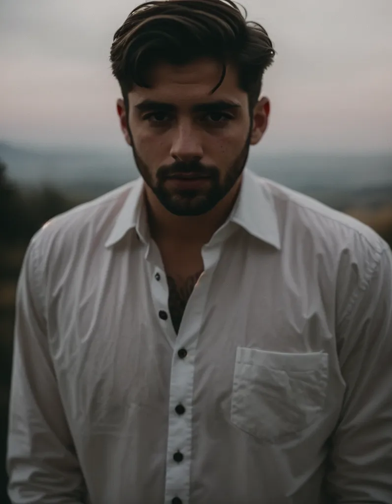 A imagem é um retrato de um homem com cabelos escuros e barba. Ele está usando uma camisa branca e olhando para a câmera com uma expressão intensa. O fundo está desfocado e o cabelo do homem está molhado. Parece que ele acabou de sair da água.