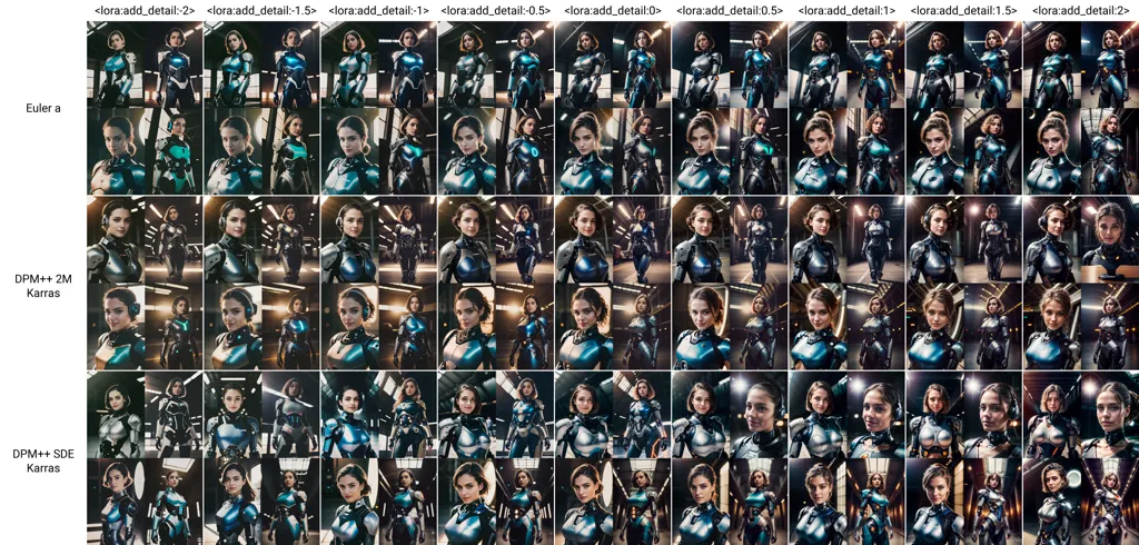 The image shows a grid of 30 images of a woman in a blue and gray outfit. The images are arranged in 3 rows and 10 columns. The woman is standing in a variety of poses, and her expression is different in each image. The images are all rendered in a realistic style, and the woman's skin is smooth and flawless. She is wearing a futuristic suit of armor and has a gun in her hand. The background is a blur of light and dark colors.