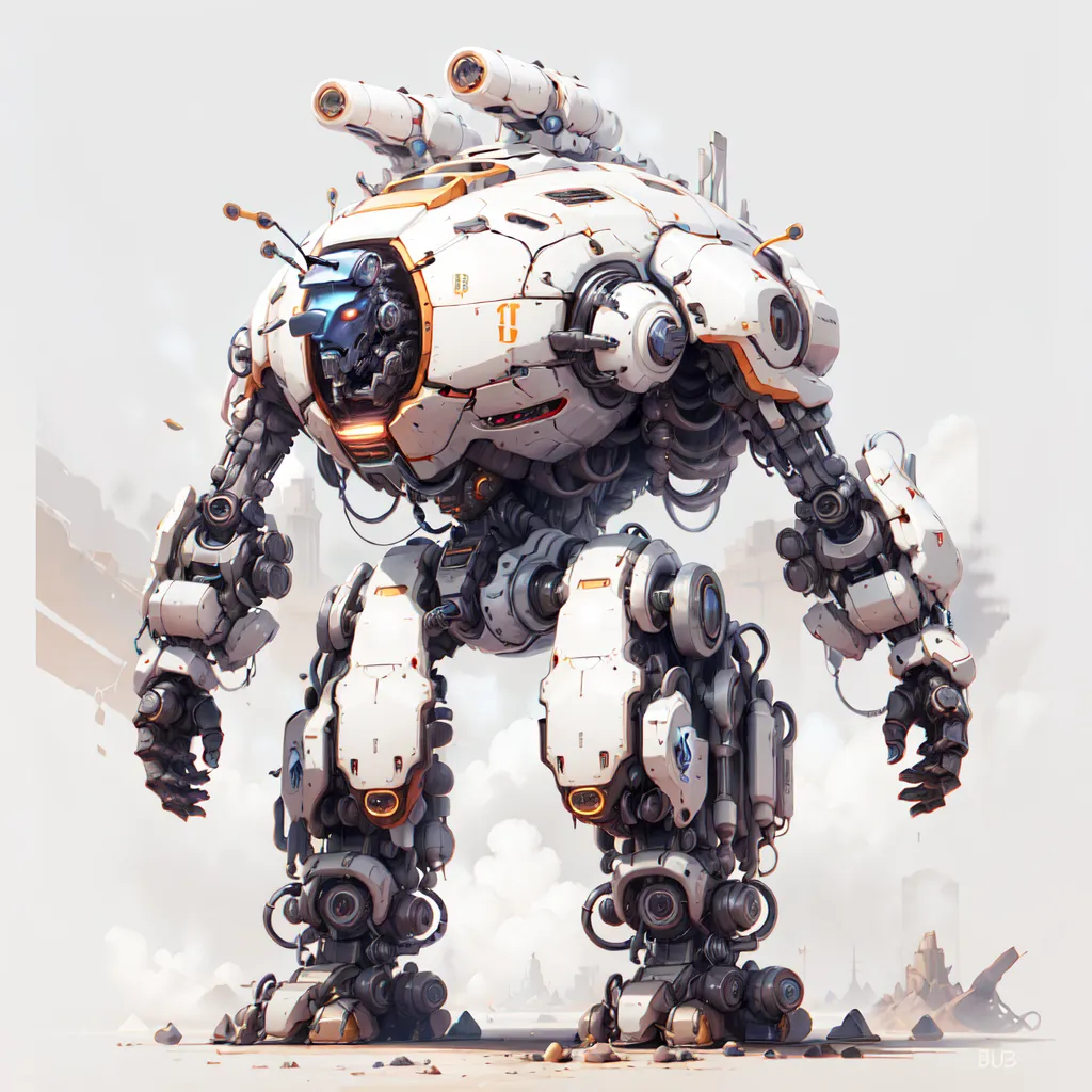 L'image représente un grand mech blanc et orange. Il a quatre bras, dont deux sont équipés de gros canons. Le mech a également une grosse tête avec un seul œil et une bouche. Le mech se tient sur une surface rocheuse, avec une ville en ruine en arrière-plan.