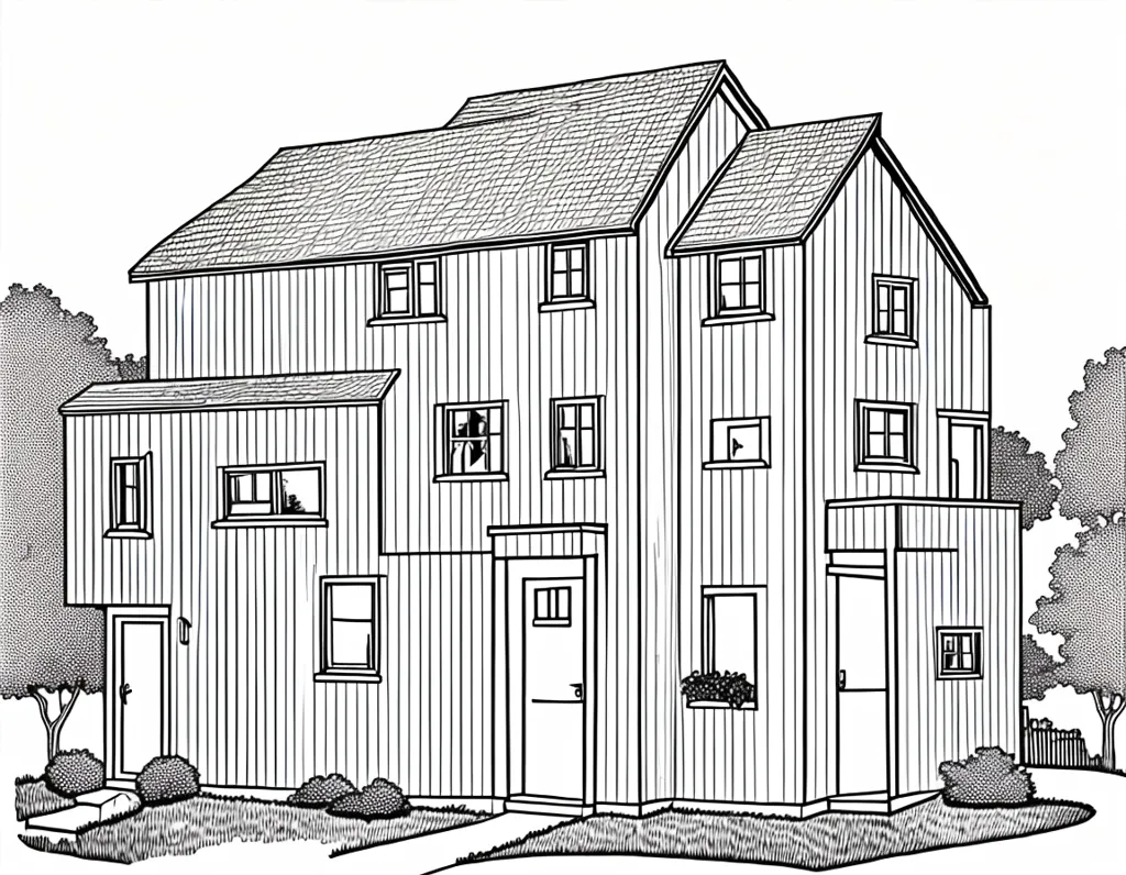 Esta es un dibujo de contorno en blanco y negro de una casa multifamiliar de tres pisos. La casa tiene dos unidades, cada una con su propia puerta de entrada y un pequeño patio. Cada unidad tiene cuatro ventanas en la parte delantera y hay dos ventanas a cada lado del edificio. Hay un árbol a cada lado de la casa y una pequeña cerca a lo largo del patio delantero.