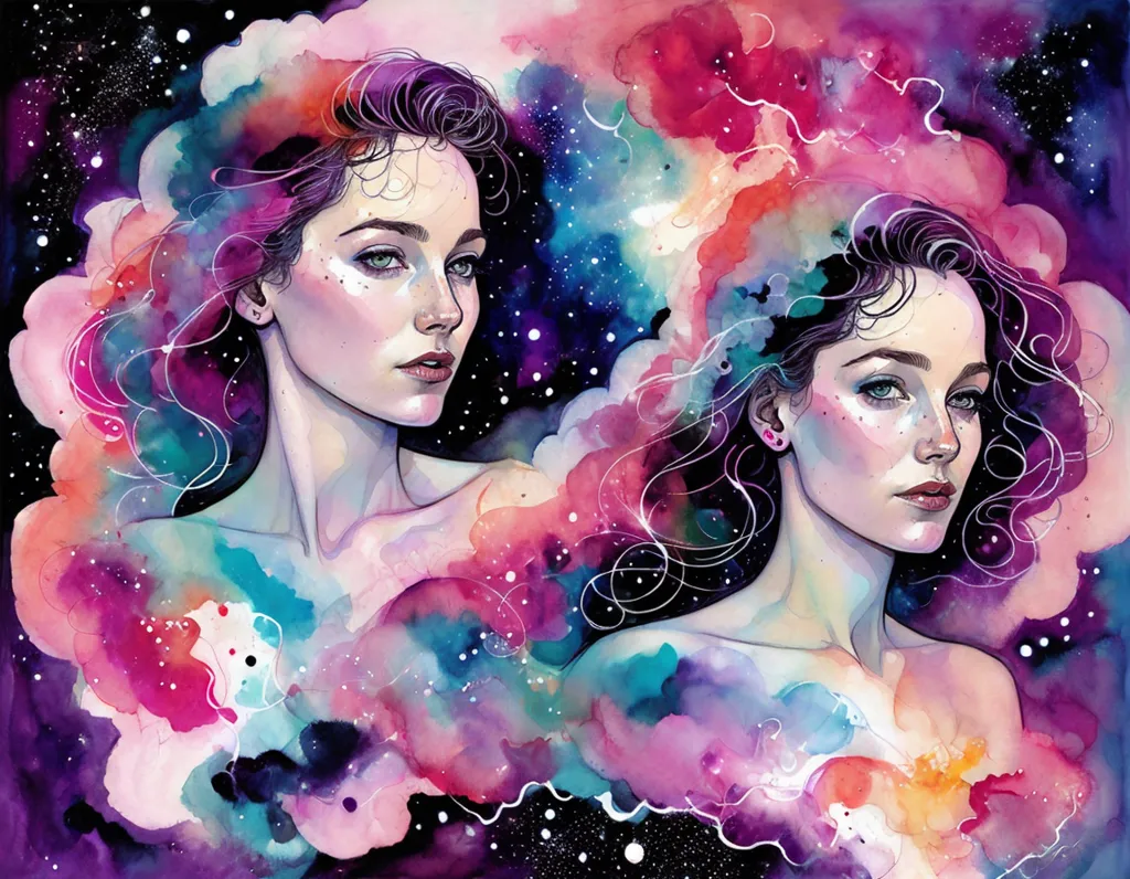 Esta é uma imagem de duas mulheres, pintada em aquarela. Elas estão de pé uma ao lado da outra, olhando para o espectador. As mulheres são retratadas como seres etéreos, com pele brilhante e cabelos que parecem flutuar ao redor delas. Elas estão rodeadas por um fundo colorido e turbilhonante que sugere um cenário celestial. A pintura está cheia de cores vibrantes e tem uma qualidade onírica.