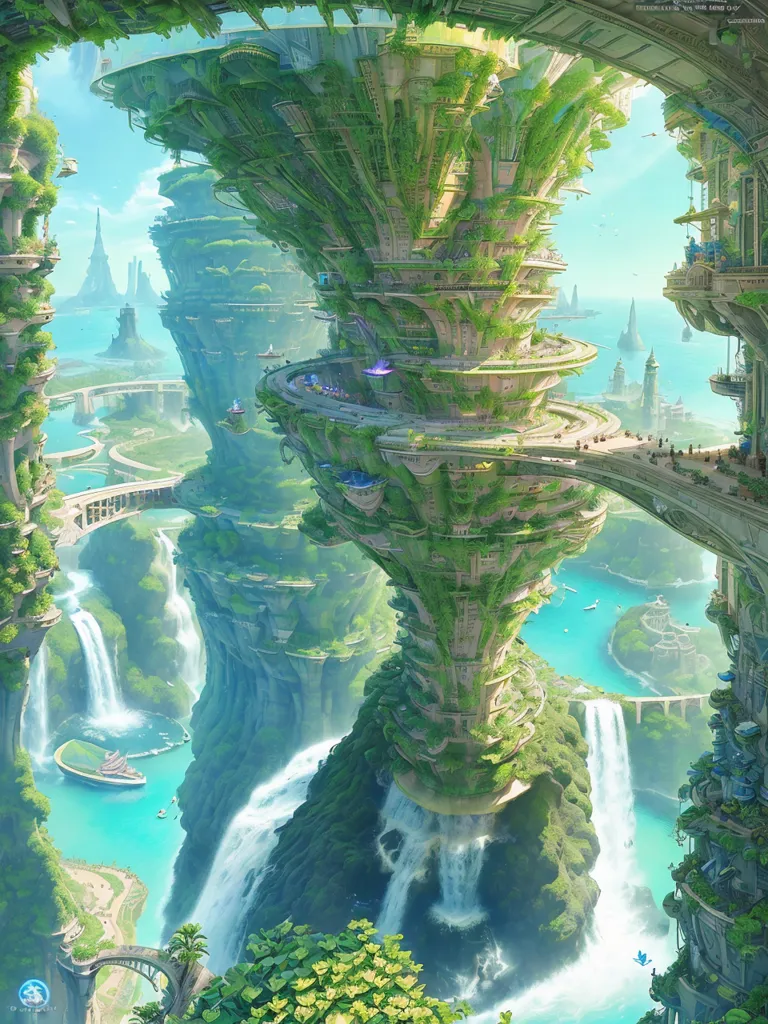 La imagen representa una ciudad futurista construida sobre un árbol masivo. El árbol es tan alto que llega a las nubes, y sus ramas están cubiertas de frondosas hojas verdes. La ciudad está construida sobre plataformas que se conectan mediante puentes, y hay cascadas que fluyen por los lados del árbol. También hay varios dirigibles volando alrededor de la ciudad. La ciudad está rodeada por un gran cuerpo de agua, y hay montañas al fondo.