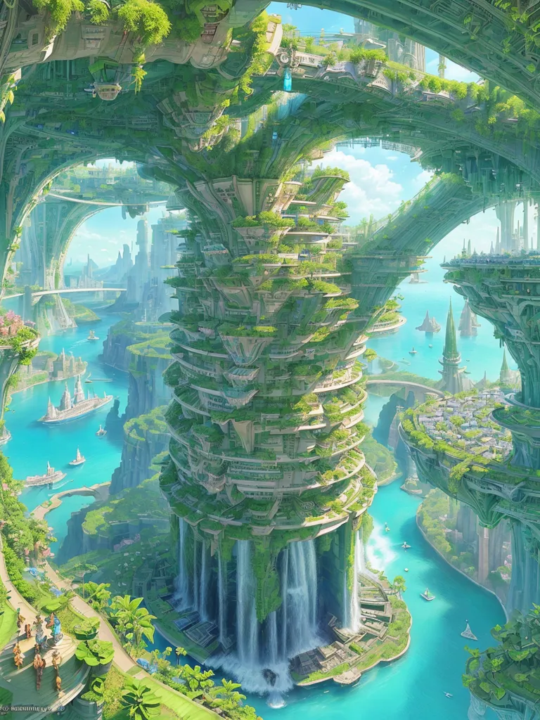 The image is a digital painting of a futuristic city. The city is built on a series of interconnected platforms that are suspended in the air by giant trees. The platforms are covered in lush vegetation, and there are waterfalls flowing down the sides of the trees. The city is filled with tall buildings and towers, and there are flying cars and airships moving around. There are also people walking around on the platforms, and there are gardens and parks where they can relax. The image is very detailed, and it gives the viewer a sense of what life might be like in a future city.