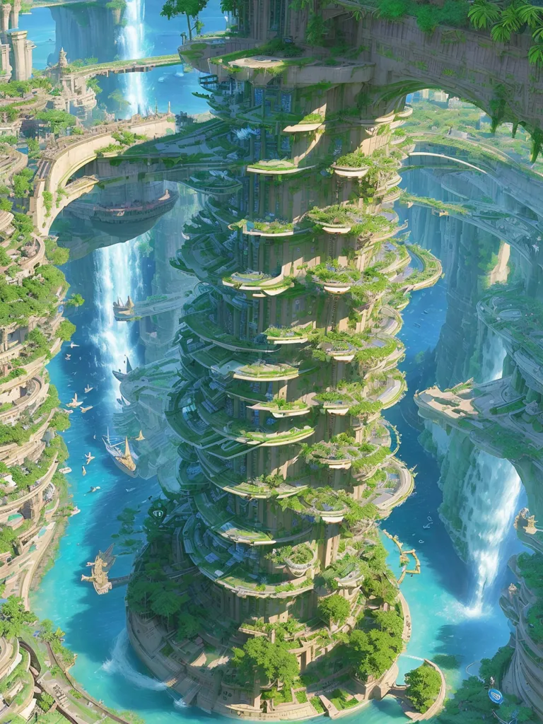 A imagem mostra uma cidade futurista construída em uma série de torres altas. As torres são cobertas de vegetação e há cachoeiras fluindo pelas laterais de algumas delas. A cidade é cercada por um grande corpo d'água. Há também vários grandes navios aéreos voando ao redor da cidade. A imagem é muito detalhada e fica claro que o artista colocou muito pensamento em sua criação.