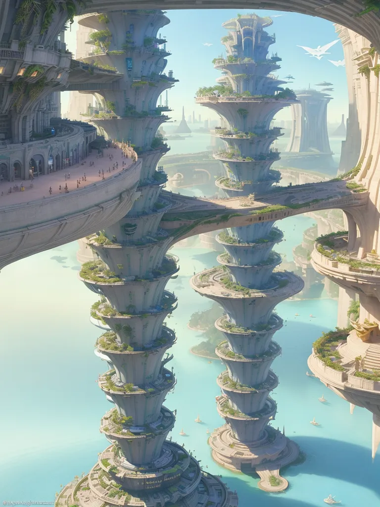 L'image montre une ville futuriste construite sur de hauts piliers. La ville est entourée d'eau. Il y a de nombreux arbres et plantes qui poussent sur les piliers. Il y a aussi de nombreuses personnes qui se promènent sur les passerelles. La ville est très propre et moderne.