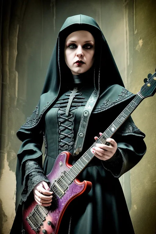 The image shows a nun playing an electric guitar. The nun is wearing a black habit with a white wimple. The guitar is red and black. The nun is standing in front of a stone wall.