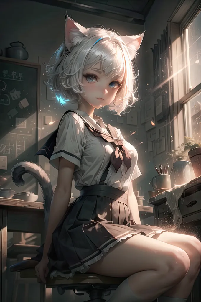 The image is a painting of a young woman with cat ears and a tail. She is sitting on a chair in a room with a blackboard, a window, and some plants. She is wearing a white shirt, a gray skirt, and a red tie. Her hair is white and her eyes are blue. She has a small smile on her face. The painting is done in a realistic style and the colors are vibrant. The image is very cute and it is clear that the artist put a lot of effort into it.