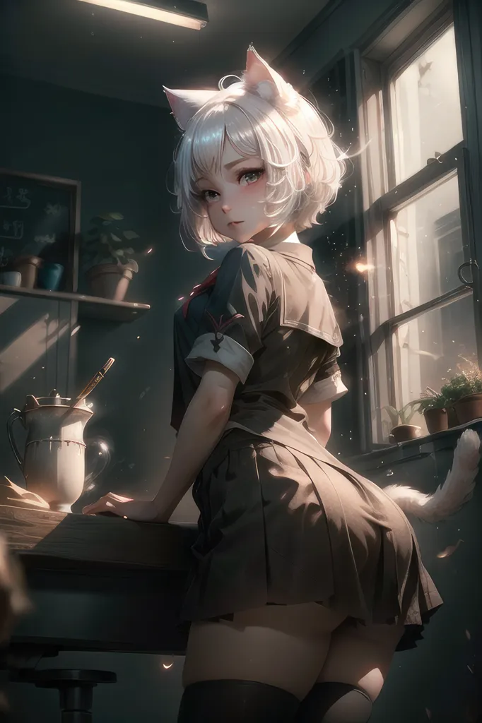 The image is a painting of a young woman with cat ears and a white bob haircut. She is wearing a brown pleated skirt, a white blouse, and a red bow tie. She is standing in a kitchen, leaning against a counter. There is a window to her right and some plants on the counter behind her. She has a shy expression on her face and is looking at the viewer.