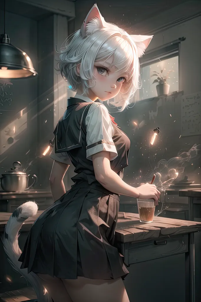 La imagen es una pintura de una mujer joven con orejas y cola de gato. Ella está de pie en una cocina, usando una blusa blanca y una falda negra. La mujer tiene el cabello corto y blanco. Está sosteniendo una taza de té en su mano derecha. Hay una tetera sobre la mesa junto a ella. La mujer mira al espectador con una expresión curiosa en su rostro.