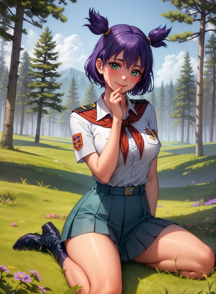 The image shows an anime-style girl with purple hair and green eyes. She is wearing a white shirt, a red scarf, and a green skirt. She is kneeling on the ground in a field of grass and flowers. There are trees in the background and a mountain in the distance. The girl has a shy smile on her face and is looking at the viewer.