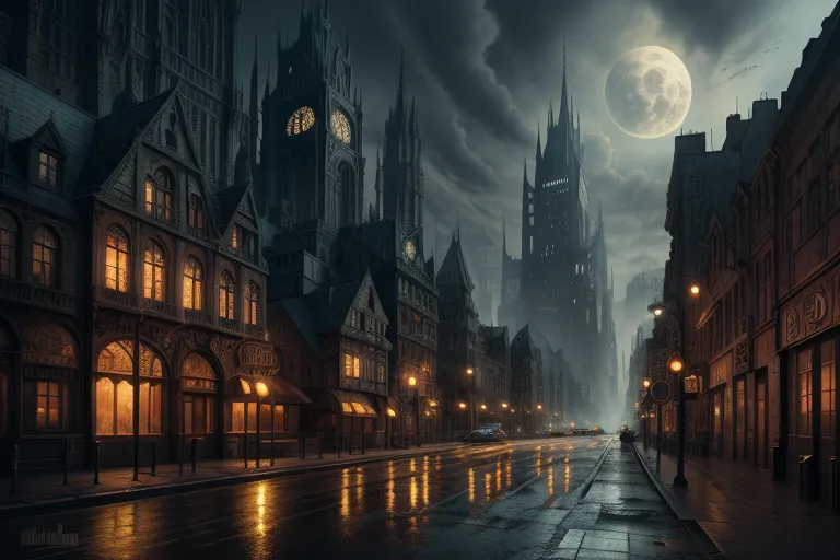 La imagen es un paisaje urbano oscuro y sombrío. El cielo está cubierto de nubes y hay una luna llena brillando. Los edificios son altos y estrechos, con campanarios y gárgolas. Las calles están mojadas por la lluvia y hay una leve niebla en el aire. Hay pocas personas en las calles, y las que están allí se agrupan juntas para entrar en calor. La única luz proviene de las pocas farolas que están colgadas entre los edificios y la luz de las ventanas de los edificios. La atmósfera general de la imagen es de misterio y presagio.