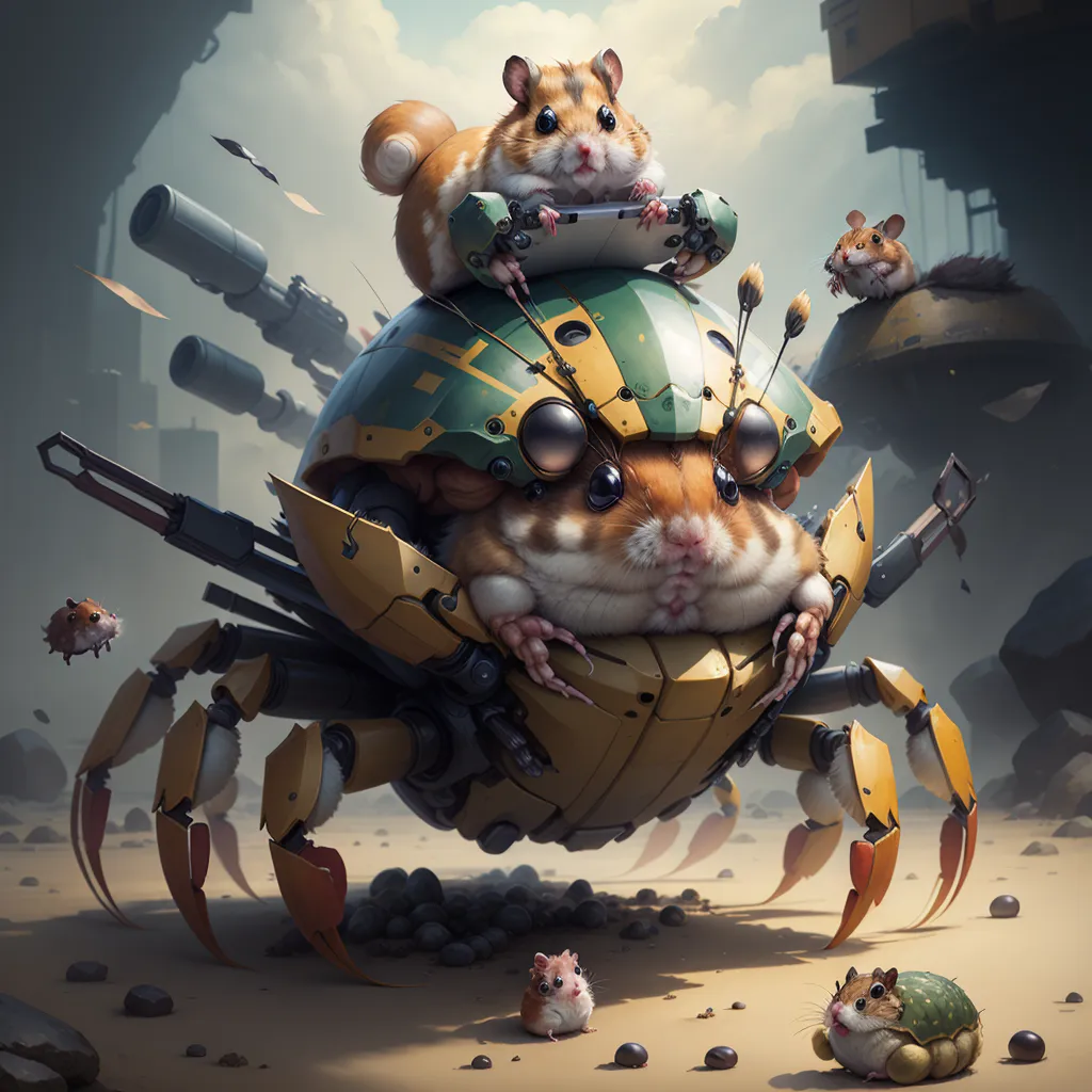 The image shows a hamster wearing a green helmet and holding a controller sitting on top of a large mechanical crab-like vehicle. The hamster is surrounded by other hamsters, some of which are also wearing helmets and holding controllers, and some of which are running around on the ground. The vehicle is made of metal and has large claws and a cannon. The background of the image is a desert with large rocks and a destroyed building.