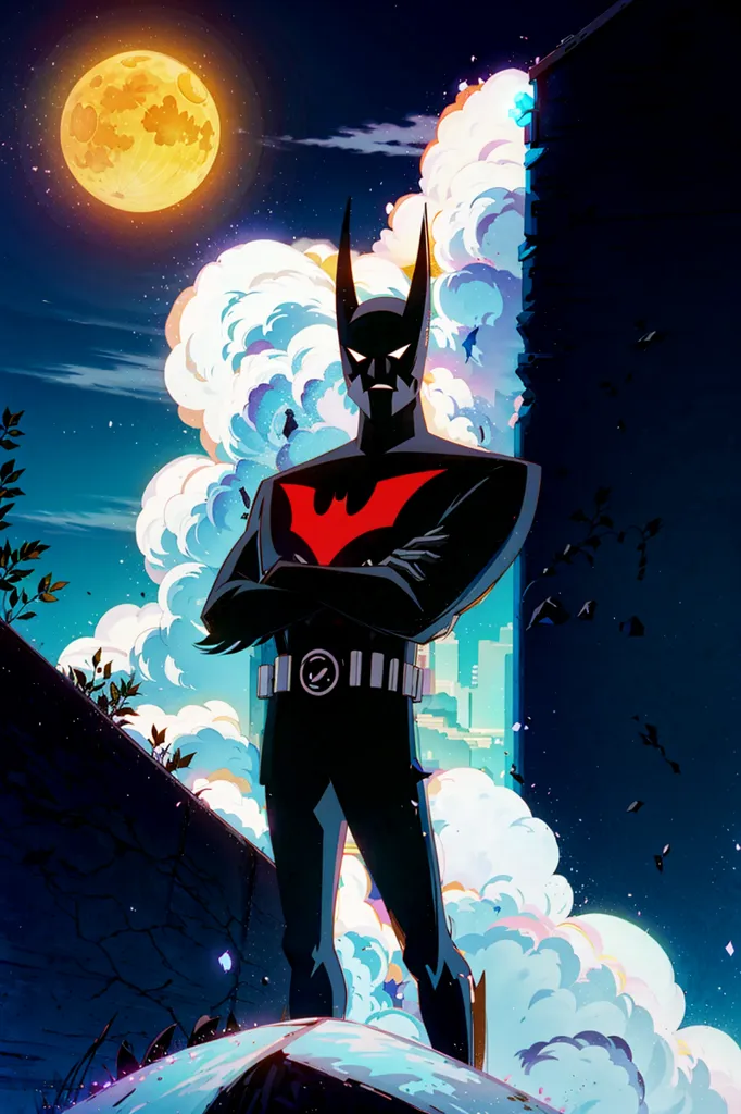 The image is of Batman standing on a rooftop. He is wearing his black and gray Batman suit with a red bat symbol on his chest. He is looking to the right of the frame, his face is in shadow. The background is a full moon and a cloudy night sky. The moon is orange and the clouds are a mix of blue, purple, and pink. There is a building to the right of Batman with a blue window.