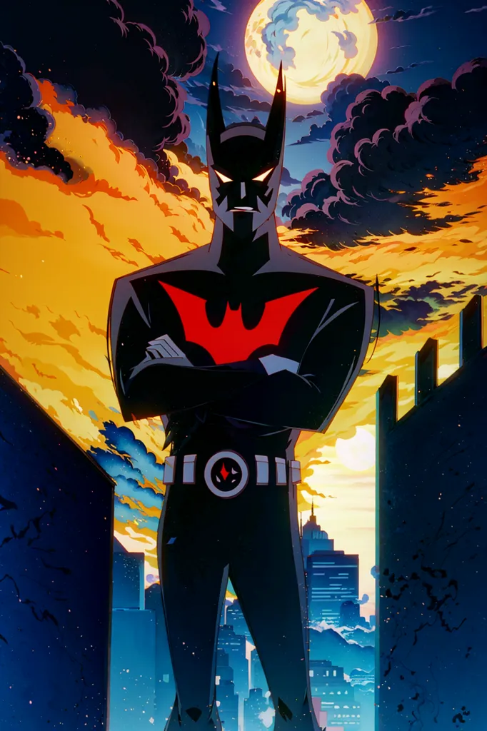 Gambar ini adalah Batman dari serial TV animasi tahun 1990-an "Batman Beyond". Dia berdiri di atas atap, memandang ke arah kota. Latar belakangnya adalah langit oranye gelap dengan bulan yang besar. Batman mengenakan Batsuit hitam dan merahnya. Dia melipat tangannya dan menatap ke arah kiri dengan ekspresi serius di wajahnya.