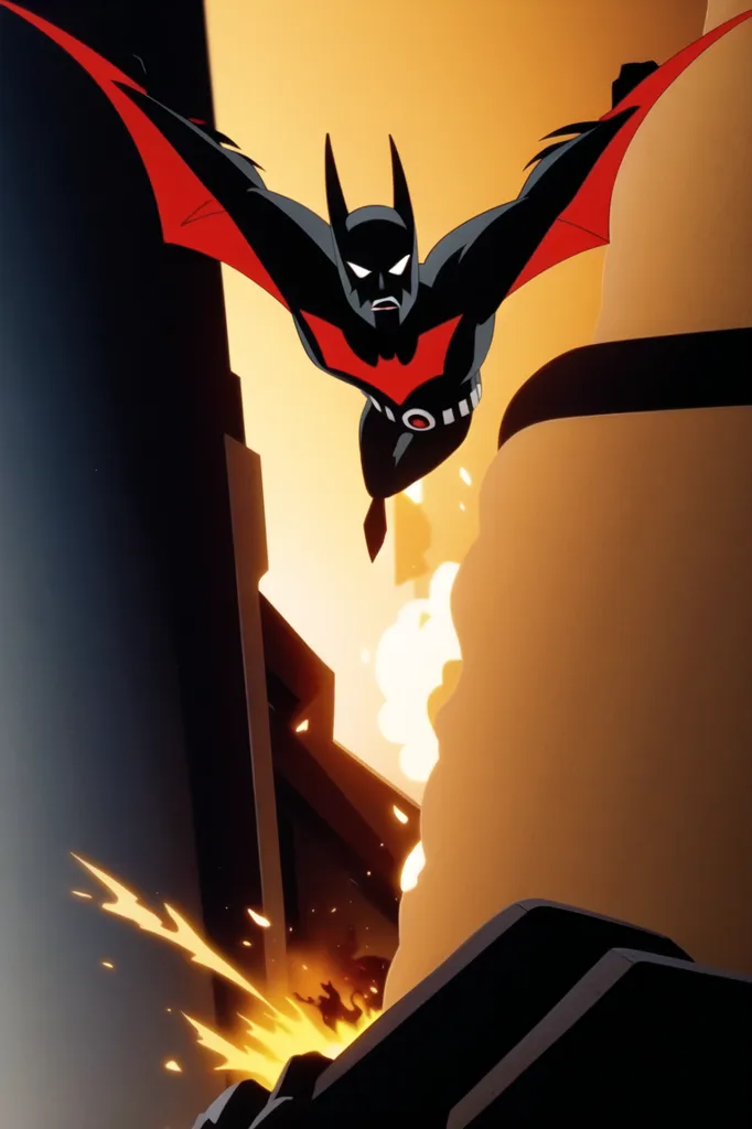 A imagem é do Batman da série animada "Batman Beyond". Ele está usando um Batsuit preto e vermelho com um símbolo de morcego vermelho no peito. Ele também está usando uma capa preta e uma máscara preta. Ele está voando no ar com os braços esticados. Há dois edifícios ao fundo. O da esquerda é mais alto que o da direita. Há uma explosão acontecendo no lado direito da imagem.