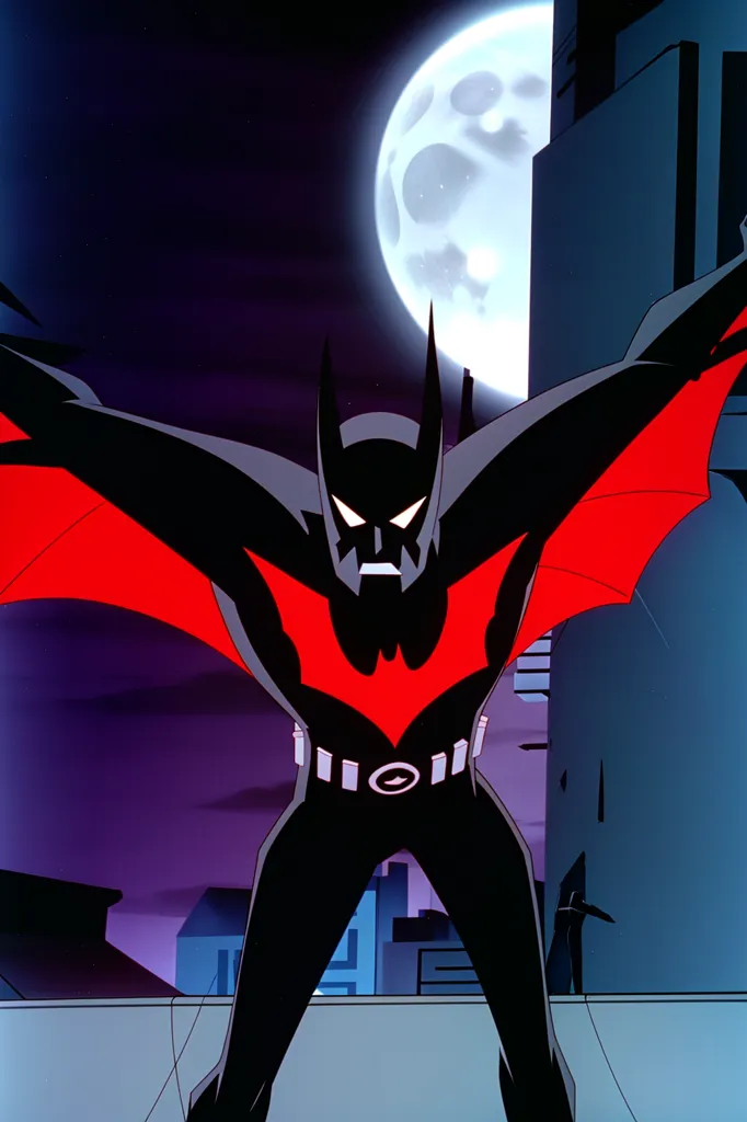 The image is of Batman from the animated series Batman Beyond. He is standing on a rooftop with his cape spread out behind him. The moon is in the background and there are buildings in the distance. Batman is wearing a black and red suit with a bat symbol on his chest. He has a scowl on his face and is looking to the right.