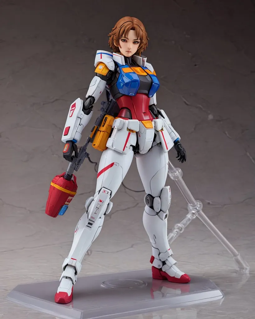 The image shows a figure of a female character from the Gundam anime series. She is wearing a white and red armored suit with yellow and blue accents. She has brown hair and brown eyes, and is holding a gun in her right hand. She is standing on a small platform, and the background is a grey gradient.