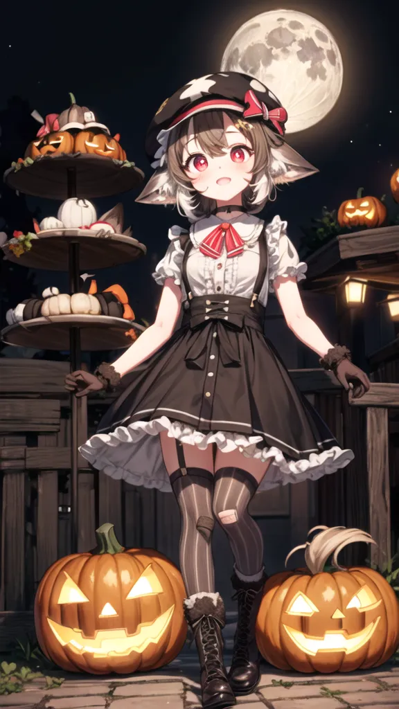 The image is of an anime girl with brown hair and red eyes. She is wearing a black and white dress with a red bow. She also has a brown hat with a red ribbon on it. She is standing in front of a wooden fence with a large pumpkin next to her. There are also several jack-o-lanterns on the fence and a full moon in the background. The girl is smiling and has her hands out in front of her.