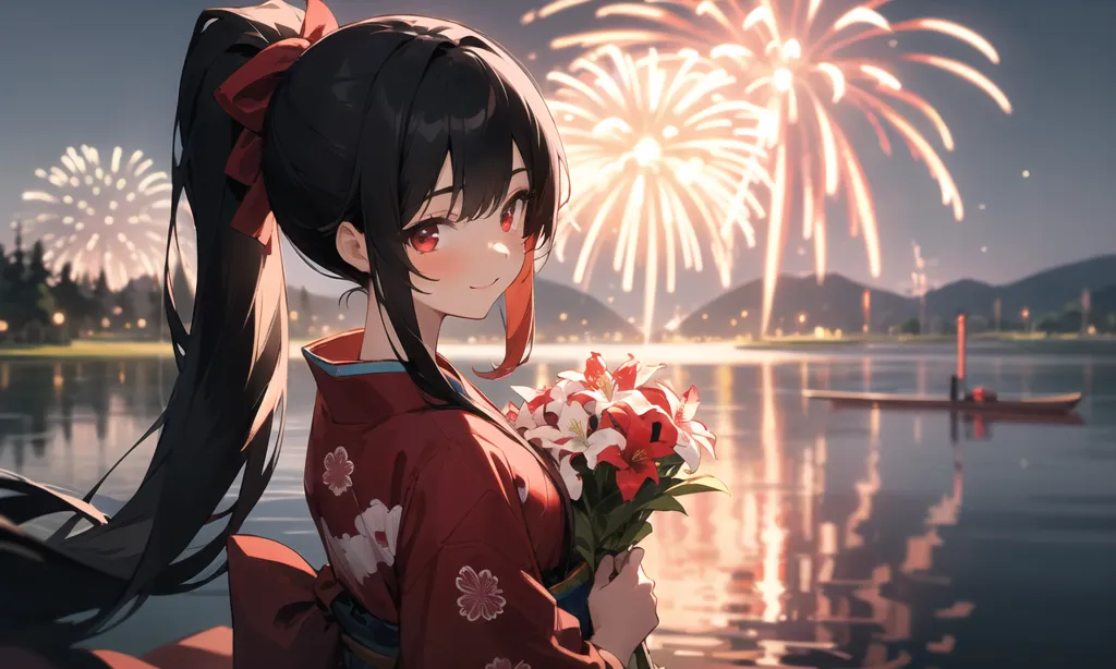 La imagen es una hermosa chica de anime con el cabello negro largo y ojos rojos. Lleva un kimono rojo con flores blancas y un lazo rojo en el cabello. Está de pie en un puente sobre un lago, observando los fuegos artificiales. El cielo está oscuro y el agua está tranquila. La imagen es muy pacífica y serena.