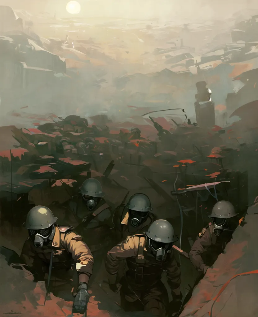 The image shows a group of soldiers wearing gas masks and carrying rifles in a war zone. The soldiers are in a trench, and there are explosions and debris flying through the air around them. The background is a barren wasteland. The image is dark and has a sepia tone.