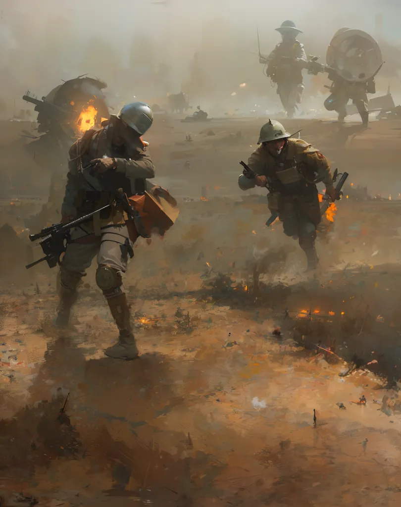 The image shows a group of soldiers running through a war-torn landscape. The soldiers are wearing gas masks and carrying rifles. The background is a barren wasteland with destroyed buildings and machinery. The image is in a sepia tone, which gives it a feeling of age and decay.