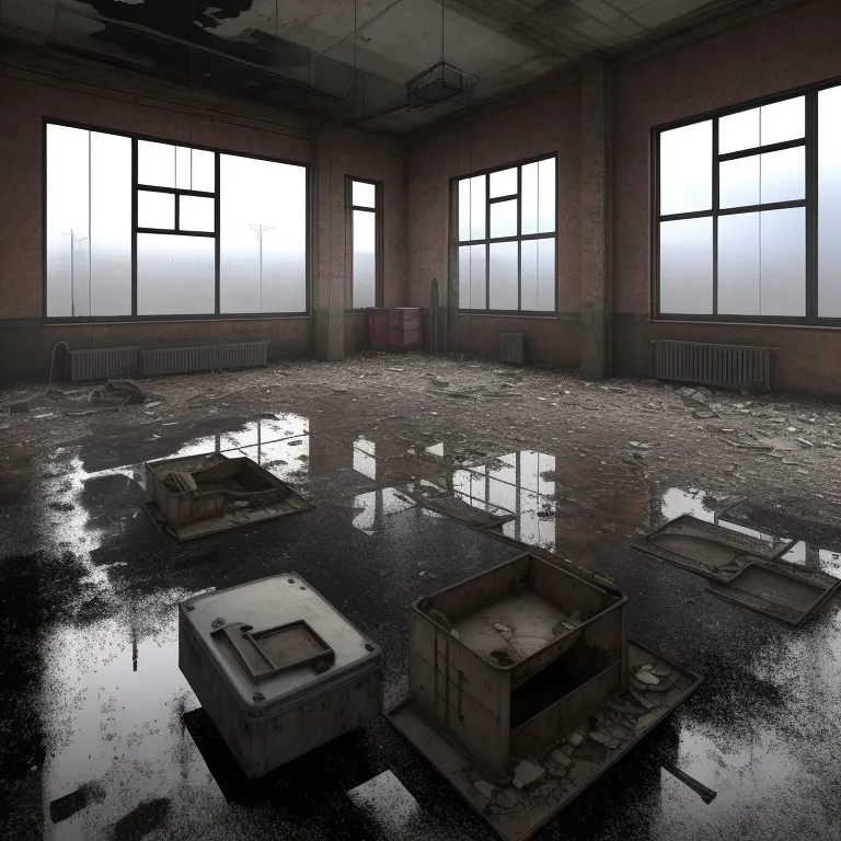 The image shows an abandoned and flooded room. There are three large windows on the left side of the room, and a door on the right side. The floor is covered in water, and there is a large hole in the ceiling. The room is in disrepair, and it appears that it has been abandoned for some time.