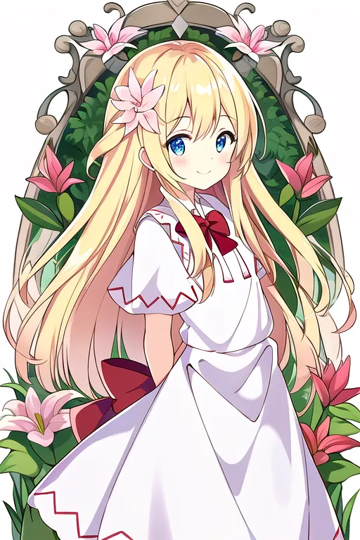 The image shows a girl with long, flowing blonde hair and blue eyes. She is wearing a white dress with a red ribbon at the waist. The girl is standing in a garden, surrounded by flowers. She has a gentle smile on her face, and she looks happy and carefree. The image is drawn in a soft, anime style, and the colors are bright and vibrant.