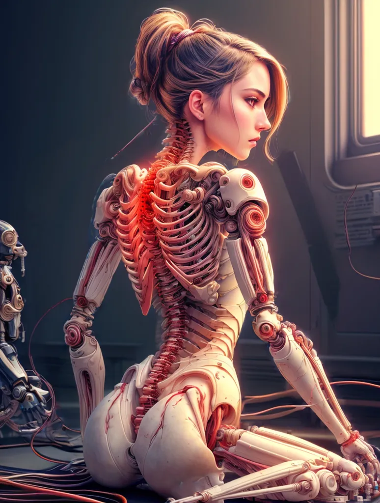 The image is a depiction of a cyborg, which is a fictional being that is part human and part machine. The cyborg in the image appears to be a woman, with a human face and body, but with some robotic parts, such as a metal spine and robotic legs. The cyborg is sitting on a table, with her back to the viewer. She is wearing a white dress and has her hair in a ponytail. The image is rendered in a realistic style, and the details of the cyborg's body are clearly visible.