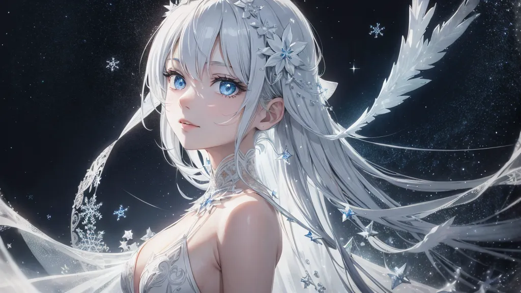 La imagen es una pintura de una hermosa chica de anime con cabello blanco largo y ojos azules. Ella está usando un vestido blanco con un escote bajo y una tiara en la cabeza. Está rodeada de copos de nieve y su cabello se mueve con el viento. El fondo es un cielo nocturno azul oscuro con estrellas.