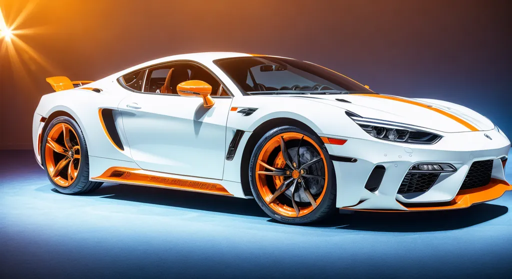 A imagem mostra um carro esportivo branco com listras e aros laranja. O carro é elegante e estiloso, com um perfil baixo e um capô longo. Ele tem um spoiler na parte de trás e uma grande entrada de ar na frente. O carro está sentado em uma superfície azul com um fundo laranja.