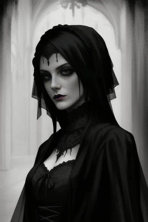 The image is a portrait of a young woman, probably in her early twenties. She has long black hair, pale skin, and dark eyes. She is wearing a black dress with a high collar and a black veil. The dress is trimmed with lace. The woman is standing in front of a dark background. There is a hint of a smile on her lips.