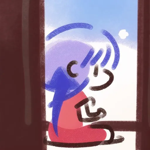 The image shows a person sitting on a windowsill looking outside. The person is wearing a red shirt and has short blue hair. The window is open, and the person is looking out at a blue sky. There is a cloud in the sky. The person's expression is pensive.