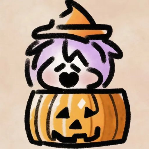 The image is a drawing of a cute anime-style character. The character is sitting in a pumpkin and wearing a witch hat. The character has purple hair and is blushing. The pumpkin has a carved face with a smile. The drawing is done in a simple, cartoon style and the colors are bright and cheerful.