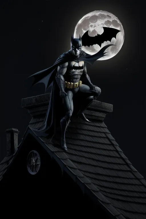 L'image représente Batman, un super-héros de DC Comics. Il se tient sur un toit, en observant la ville. La lune est pleine et il y a des étoiles dans le ciel. Batman porte son costume classique noir et gris, et sa cape flotte derrière lui. Il regarde la ville en contrebas, avec un air déterminé. L'image est sombre et atmosphérique, et elle capture l'essence du monde de Batman.