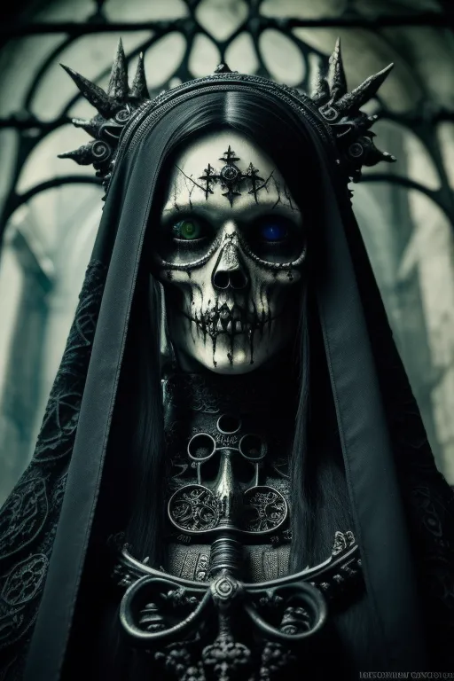 The image is of a skull with a crown on its head. The skull is painted white and has black eye sockets. There are two green lights in the eye sockets. The crown is made of black metal and has spikes on it. The skull is wearing a black robe with a white collar. The robe is trimmed with black lace. The skull is holding a black scepter in its right hand. The scepter has a skull on the top of it. The skull is wearing a ring on its left hand. The ring is made of black metal and has a red stone in it. The background of the image is a dark grey.