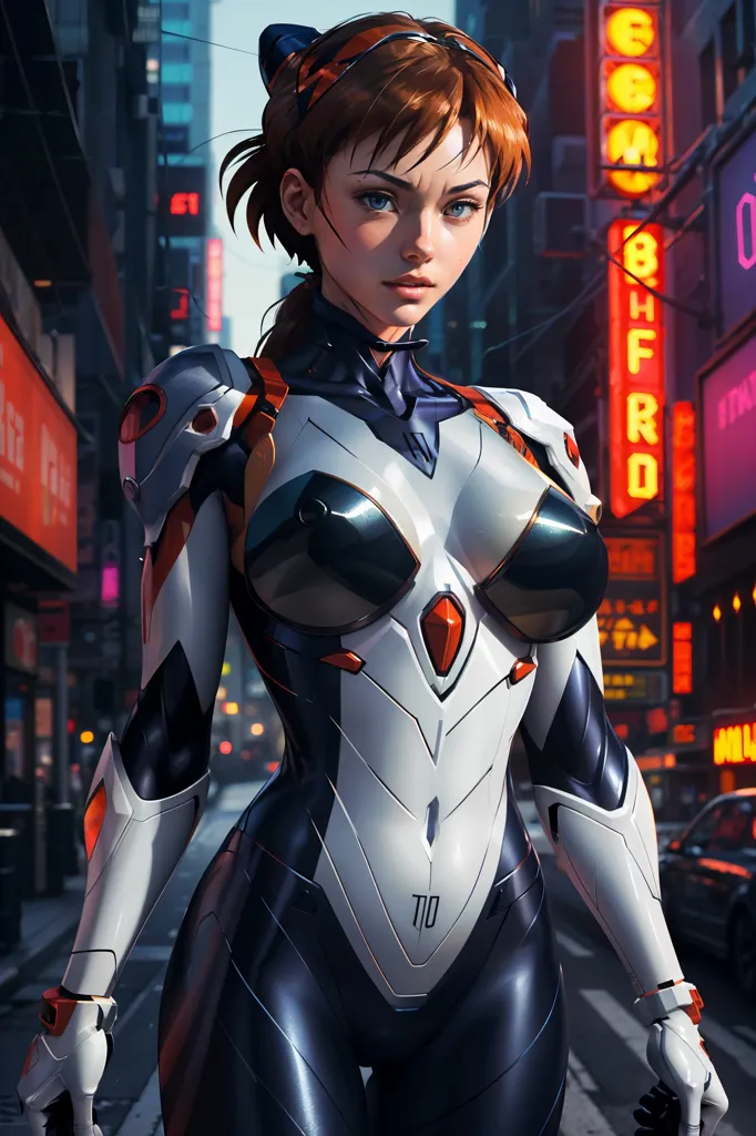 This is an image of a woman standing in a futuristic city. She is wearing a white and black bodysuit with orange and blue accents. The bodysuit has a high collar and a plunging neckline. She is also wearing a pair of black gloves and boots. Her hair is short and brown, and her eyes are blue. She is standing in a city street, and there are buildings and skyscrapers in the background. The city is lit up by neon lights.