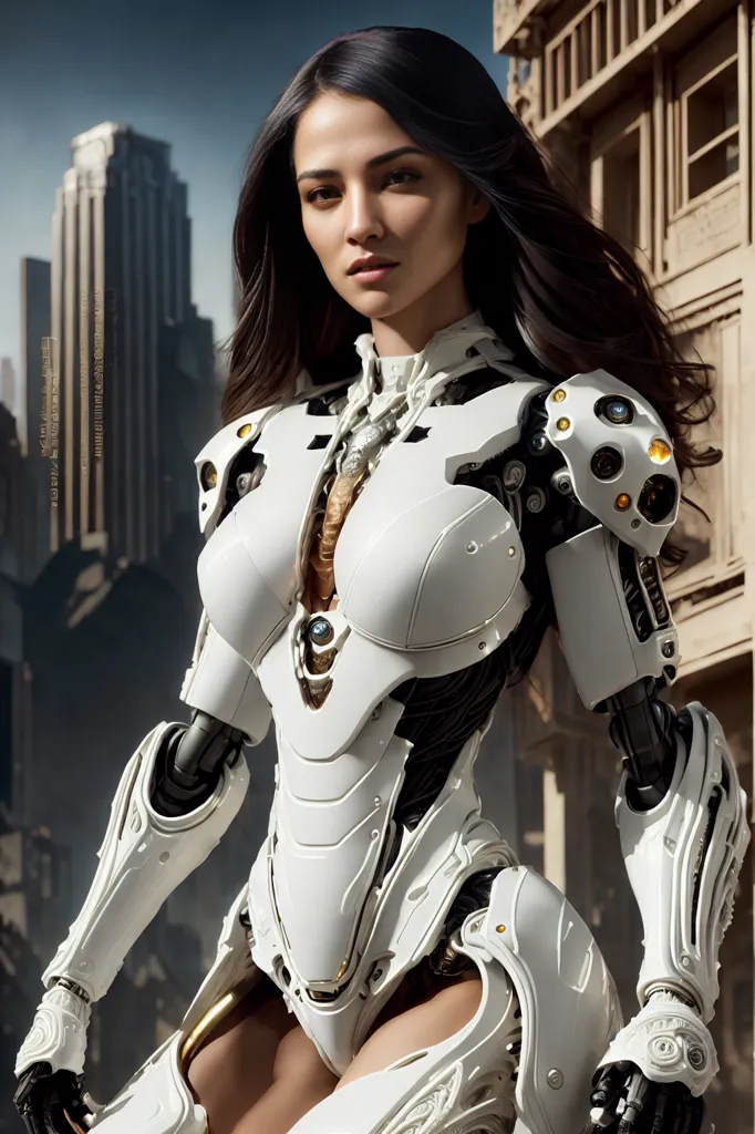 The image shows a beautiful woman with long black hair. She is wearing a white and gold bodysuit that covers her chest and arms. The bodysuit has a lot of detail, including various mechanical parts. The woman is standing in front of a building that is in ruins. The sky is dark and cloudy.