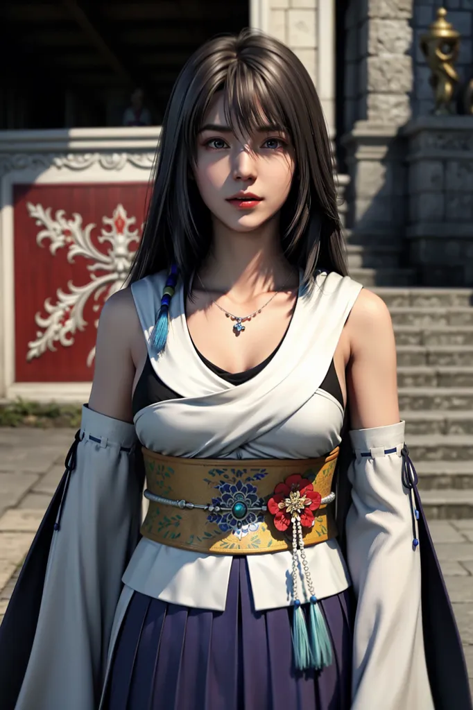 The picture shows a young woman with long black hair. She is wearing a white sleeveless kimono-style dress with a blue sash and a red flower obi. She is also wearing a necklace with a blue pendant. The background is a blurred stone building with a red door.