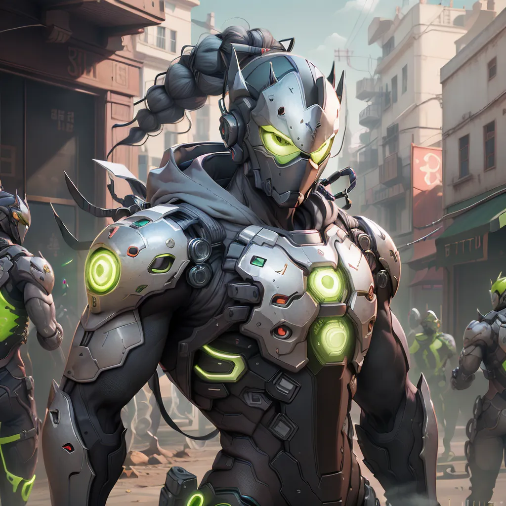 The image is a digital painting of a group of soldiers in futuristic armor. The soldiers are all wearing the same type of armor, which is black and green with glowing green lights. They are also all wearing helmets that cover their faces. The soldiers are standing in a destroyed city, and there are buildings and rubble all around them. In the background, there is a large explosion. The soldiers are all armed with weapons, and they look like they are ready for battle.