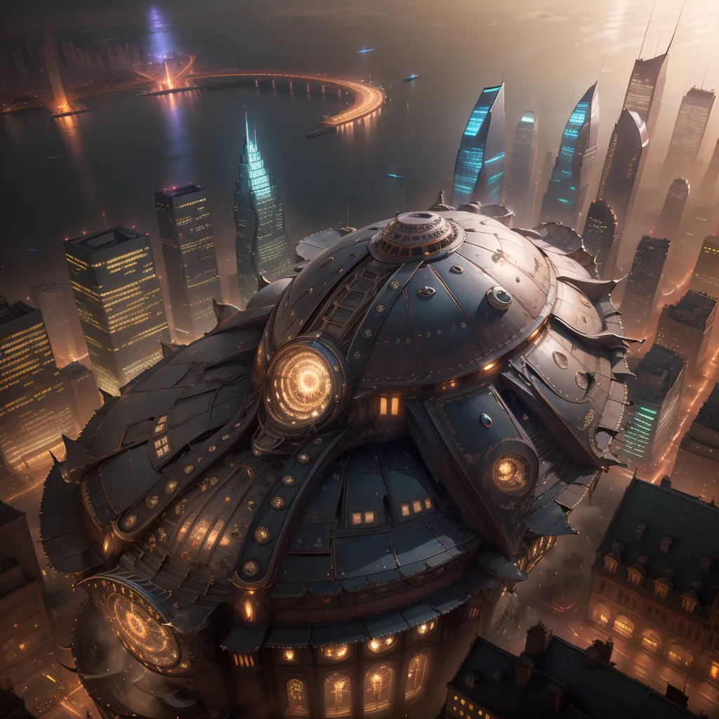 The image shows a steampunk airship above a city. The airship is large and round, with a metallic surface and many portholes. It is hovering over the city, which is made up of tall buildings and skyscrapers. The city is lit up by electric lights, and there is a river running through it. The airship is casting a shadow over the city.