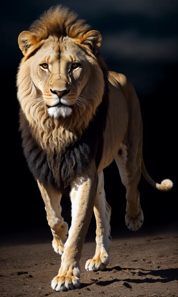 The image shows a lion walking towards the camera. The background is dark, so the lion stands out. The lion is in mid-stride, with its left front paw in the air. Its tail is swishing behind it. The lion's fur is light brown, with a darker brown mane. Its eyes are yellow and its teeth are white. The lion is muscular and powerful, and it looks like it could easily take down its prey.