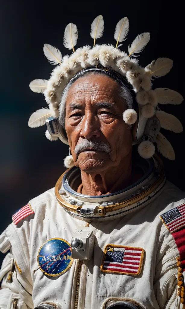 L'image montre un homme âgé d'origine amérindienne portant une combinaison spatiale avec un casque de combinaison spatiale et un écusson avec le drapeau américain sur son épaule. Il porte également un couvre-chef fait de plumes et de fourrure sur la tête. L'arrière-plan est noir.