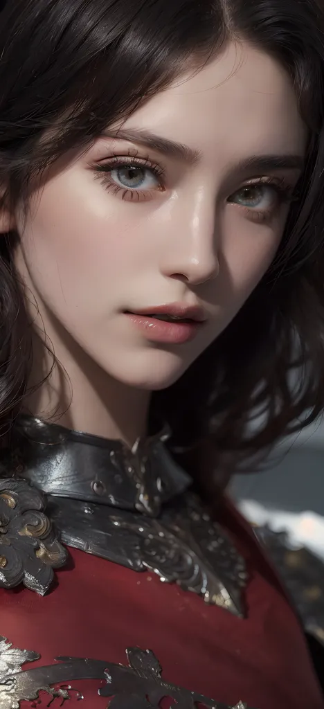 L'image est un portrait d'une belle jeune femme aux longs cheveux bruns. Elle a les yeux gris clair et des lèvres pulpeuses. Elle porte une robe rouge et argent avec une cuirasse en métal. L'expression de la femme est sérieuse et pensive. Elle regarde le spectateur avec la tête légèrement inclinée vers la droite. L'arrière-plan est un flou de couleurs claires et sombres.