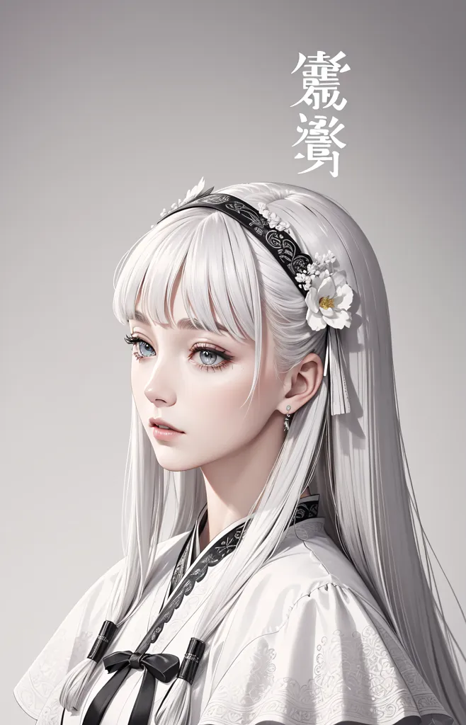 The image is a portrait of a beautiful young woman with long white hair. She is wearing a traditional Korean hanbok and has a white flower in her hair. The background is a light gray. The woman's eyes are downcast and she has a serene expression on her face.