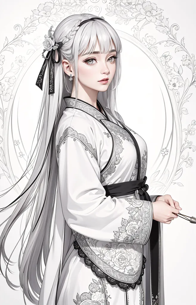 La imagen es una pintura digital de una mujer joven con el cabello blanco largo y ojos grises. Lleva un kimono blanco y gris con un obi negro. El kimono tiene un patrón floral y el obi tiene un patrón geométrico. La mujer está de pie frente a un fondo blanco con un patrón floral. Sostiene un abanico blanco en su mano derecha. La mujer tiene una expresión serena en su rostro.